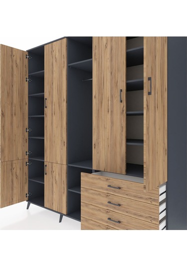 Kronos Dolap 14 Raflı 4 Çekmeceli Tek Askılı 220x59x243 Antrasit-çam/çam Atlas Çam/atlas Çam