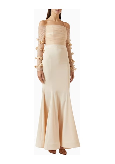 Ronanna Off-shoulder Çiçek Aplikeli Abiye Krem