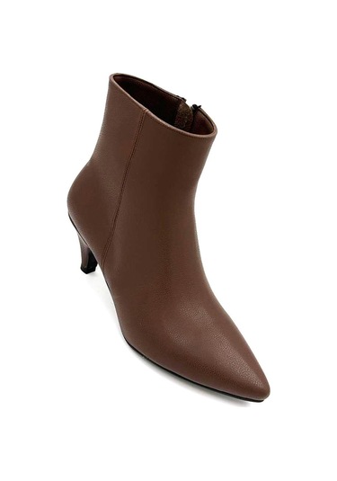 Beyaz Pine Cone İnce Topuklu Sivri Burun Fermuarlı Günlük Kadın Kısa Çizme Kahve Kahve