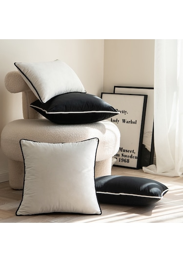 Gajeena Siyah Beyaz Kenarli Kadife Telli Modern Minimalist Yastik Kılıfı - 45x45cm Yastiksiz, Ev Dekoru Icin Konforlu Omuzluk Siyah Beyaz