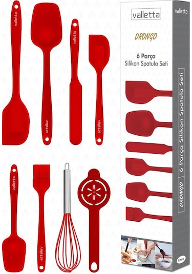 Valletta Drongo Isıya Dayanıklı Yanmaz Yapışmaz Silikon Spatula Seti 8 Parça Kırmızı
