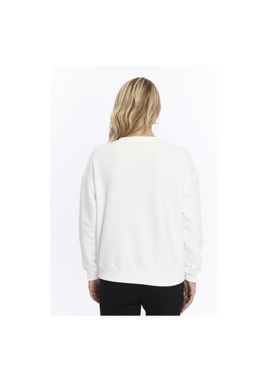 Gidia Kadife The Alps Desenli Ekru Yumuşak Dokulu Regular Fit Bisiklet Yaka Kadın Sweatshirt Ekru