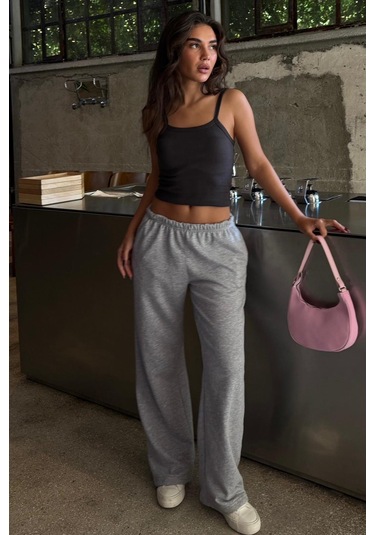 Gri Geniş Paça Basic Kadın Eşofman Altı Mg2553 Gri