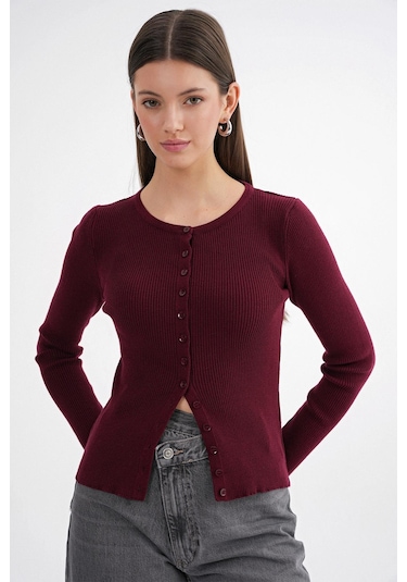 6931 Kadın Düğmeli Fitilli Triko Hırka Bordo Bordo