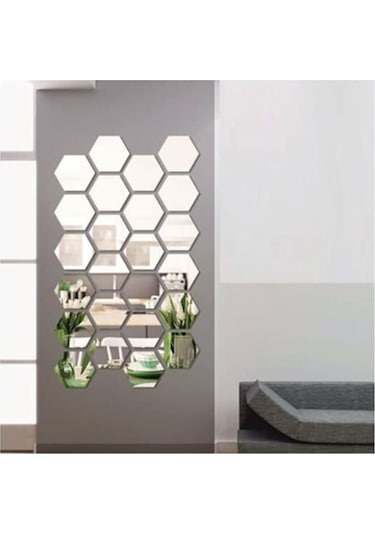 Dekoratif Pleksi Ayna Altıgen 10 Adet Yapışkanlı 20X20 Cm Gümüş