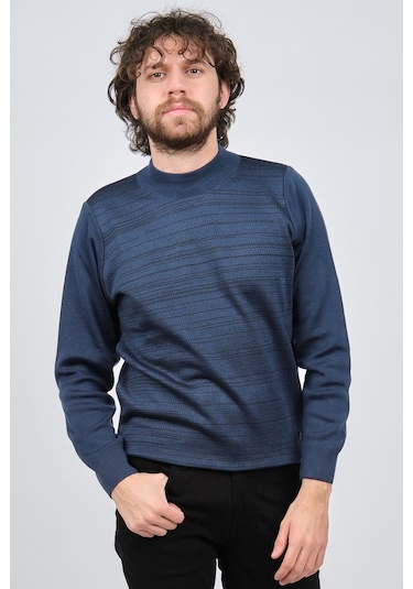 Çizgi Triko Erkek Yarım Balıkçı Yaka Desenli Kazak 42564225 Indig Indigo İndigo