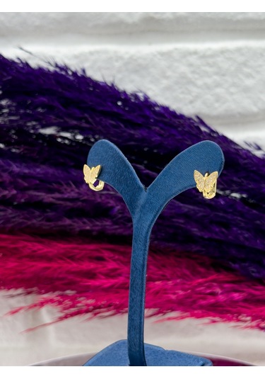 925 Ayar Gümüş Gold Renk Kelebek Tasarımlı Zarif Kız Çocuk Küpesi Gümüş