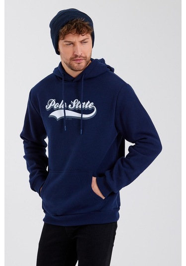 Erkek 3 İplik Pamuklu İçi Polarlı Baskılı Regular Fit Kapüşonlu Kanguru Cepli Lacivert Sweatshirt Lacivert
