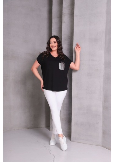 Cep Taş Baskılı Bluz Siyah