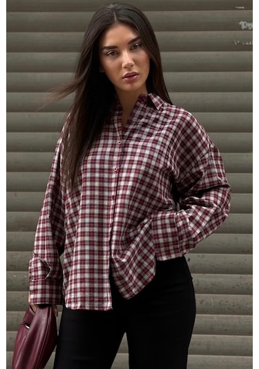 Madmext Kırmızı Oversize Kareli Kadın Gömlek Mg2822