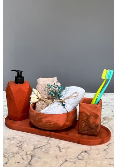 4'lü Terracotta Serisi Mermer Desenli Beton Banyo Seti Tuvalet Wc Sıvı Sabunluk Diş Fırçalığı Takım Kahverengi