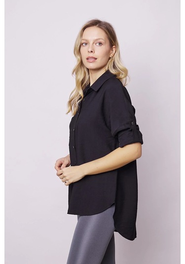 Kadın Keten Görünümlü Kolu Katlanabilir Rahat Kesim Uzun Tunik Gömlek-siyah Siyah