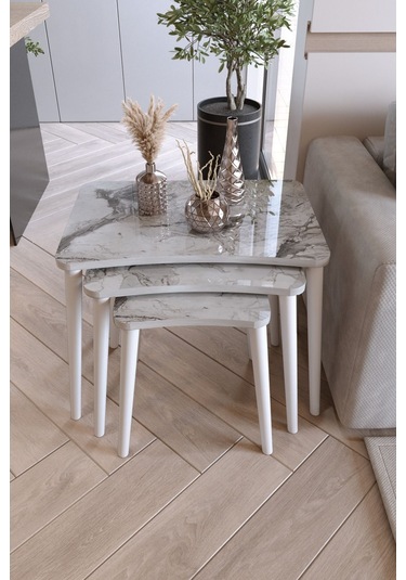 Zuesse Dizayn Beyza 3lü Zigon Sehpa & Yan Sehpa Beyaz Ahşap Ayaklı Salon Seti Çay Sehpası - Beyaz Mermer