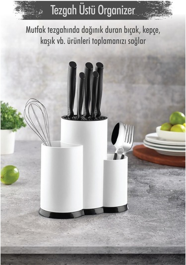 Tezgah Üstü Beyaz Kaşıklık & Bıçaklık & Kepçelik & Organizer Siyah