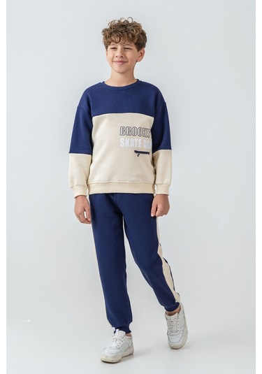 Erkek Çocuk Brooklyn Skat Clup Baskılı 3 İplik Kalın Kışlık Eşofman Takımı Ak4228 Lacivert