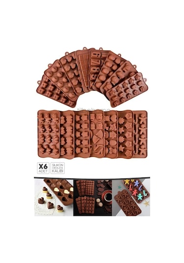 Tilbe Home 6'lı Silikon Dubai Çikolata Kalıbı Çok Figürlü Mini Jelibon Şekilli Buzluk Dondurma Kalıp Kahverengi