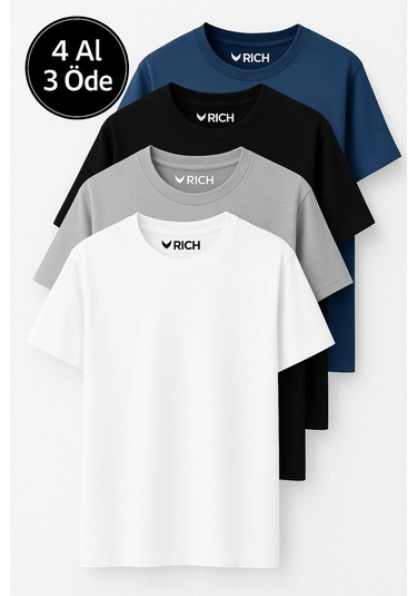 Erkek 4 Lü Paket %100 Pamuk Oversize Tişört Basic Bisiklet Yaka Kısa Kollu T-shirt Lacivert