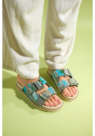 Luvishoes Lanso Yeşil Taşlı Çift Bantlı Kadın Terlik Yeşil