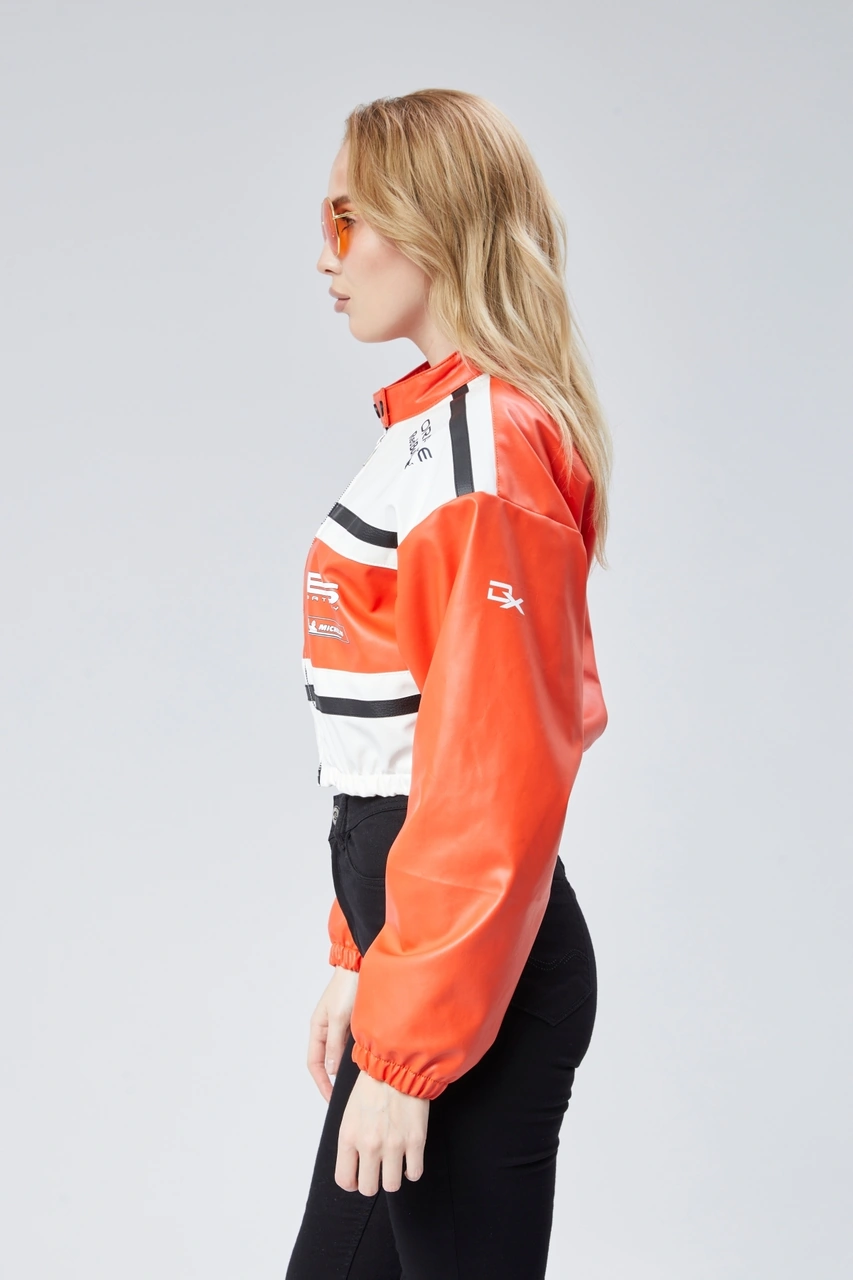 Kadın Deri Baskılı Şeritli Ceket Beli Ve Kolu Lastikli Kolej Hakim Yaka Bomber Yarışçı Motorcu Mont Oranj Kadın Deri Baskılı Şeritli Ceket Beli Ve Kolu Lastikli Kolej Hakim Yaka Bomber Yarışçı Motorcu Mont Oranj