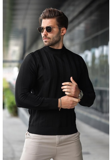 Siyah Yarım Balıkçı Erkek Triko Kazak E7423 Siyah