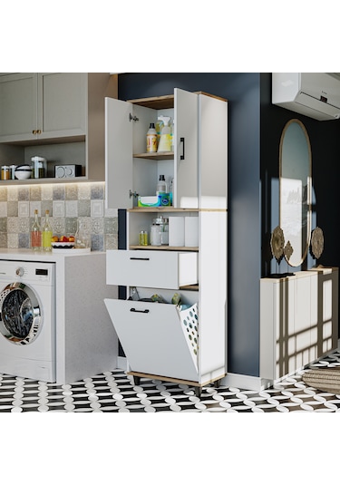 Çamaşır Sepetli Banyo Dolabı, Çok Amaçlı Dolap 60 X 200, Roomart Atlantik Çam - Beyaz