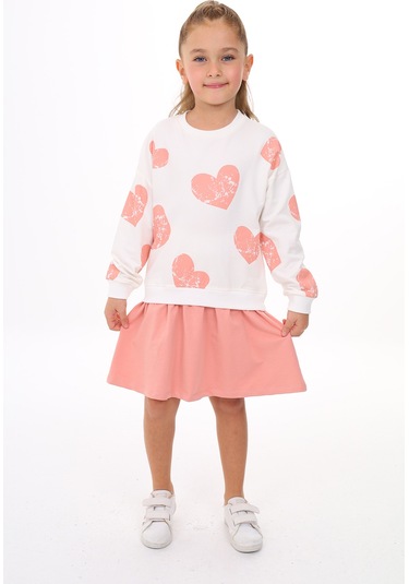 Toontoy Kız Çocuk Baskılı Elbise Koyu Pudra