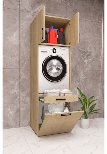 Mdf Çamaşır Makinesi Dolabı Sepetli Ahşap Lefkas Meşe