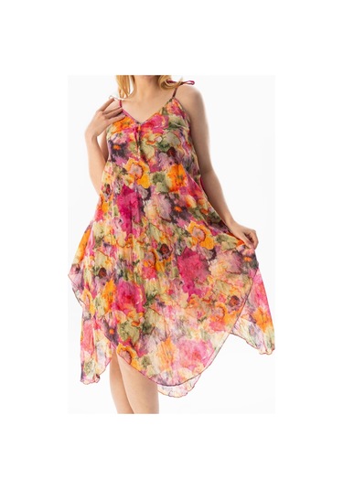 Askılı Vual Afrodit Midi Boy Yazlık Elbise Batik Pembe 6211 - Standart