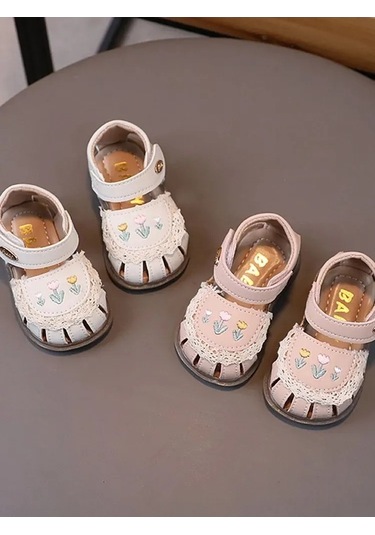 Maoyaya Pu Deri Yumuşak Taban Lale İşlemeli Bebek Yürüme Sandaleti - Bej Renk, 16-20 Beden Bej Bej