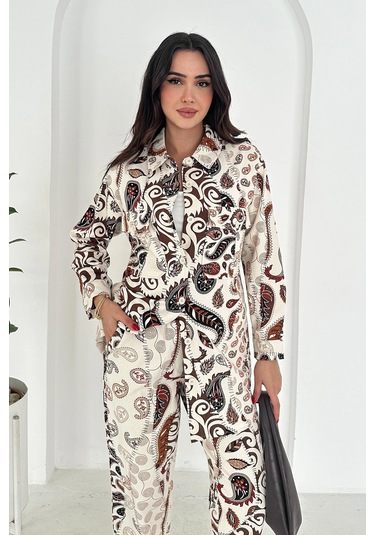 Etnik Desen Baskılı Keten Takım Kahverengi