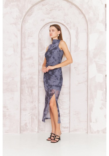 Kadın Antrasit Dik Yaka Kolsuz Tül Elbise Dm1042 Antrasit