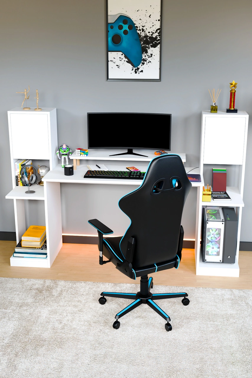 Throne Dolaplı, Kitaplıklı, Raflı Çalışma Masası, Bilgisayar Masası, Çocuk Çalışma Masası Beyaz Beyaz