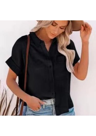 Yaz Pamuk Keten Gömlek Kadın Kısa Kollu Üstleri Kadın Zarif Bluzlar Kısa Kollu Yaz Gömlek Kadın Için Rahat 21929 Siyah
