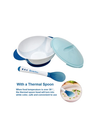 Samdoo Mavi Bebek Yemek Silikon Kase + Isil Duzenleyici Spoon, Pp + Silikon Malzeme, Sekerlekli Kapakli, Taşınabilir Çocuk Tabak 600295