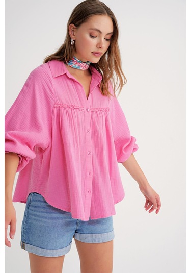 4677 Kadın Dantel Detaylı Müslin Gömlek Pembe Pembe