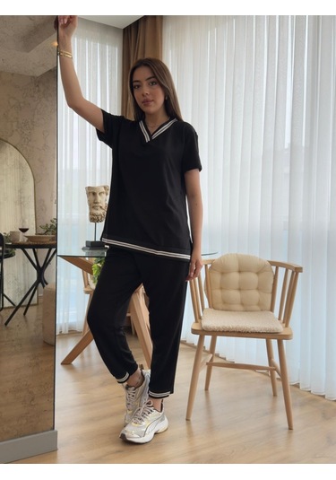 Ahes Shopping Kadın Kısa Kollu V Yakalı Iki Iplik Bluz Ve Pantolon Ikili Takım Siyah