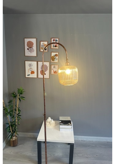 Mopa Bal Rengi Cam Lambader Patina Gövde Dekoratif Metal Oturma Odası Zemin Lambası Natural