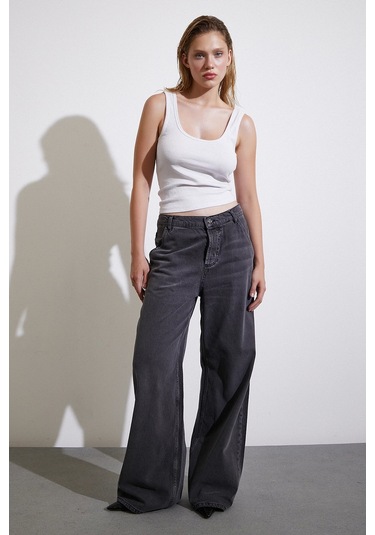 Never More Yüksek Bel Geniş Paça Jean Füme