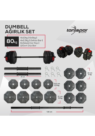 Tan Spor 80 KG Dambıl Halter Kısa Bar + Düz Bar Seti Kırmızı Kapaklı 150 CM
