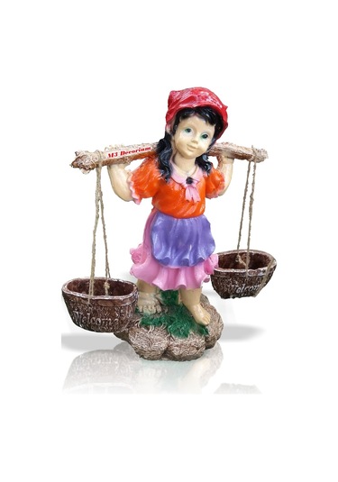M3 Gerçek Gibi Saksılı Sepetli Yoğurtçu Testili Kız 55 Cm Ev Heykeli Kırmızı