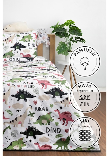 Dino %100 Pamuk Tek Kişilik Nevresim Seti - Yeşil Yeşil