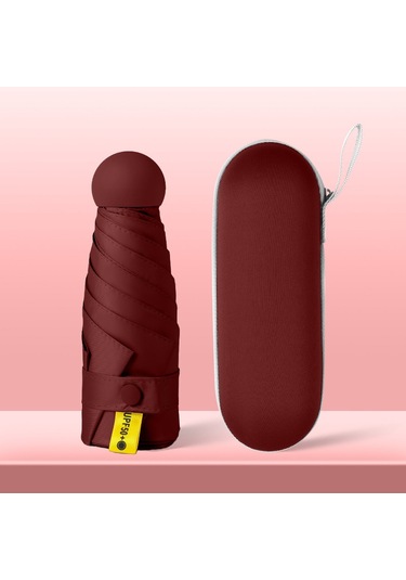 Mengtuo Bayan 8 Kemik Mini  Yağmur Ve İki Kullanım Vinil Cep Kapsül Şemsiye Şarap Kırmızı Şarap Kırmızı