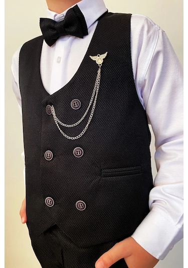 Erkek Çocuk Takım Elbise Papyonlu Yelekli Takım Elbise Siyah