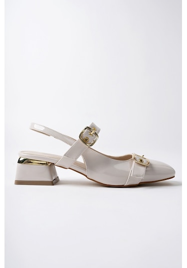 Muggo Yuqi Arkası Açık Küt Burun Çift Kemerli Kadın Günlük Klasik Kısa Topuklu Ayakkabı Ten Rugan