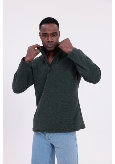 Freemen Erkek Fit Dik Yaka Yarım Fermuarlı Sweatshirt Polar Haki