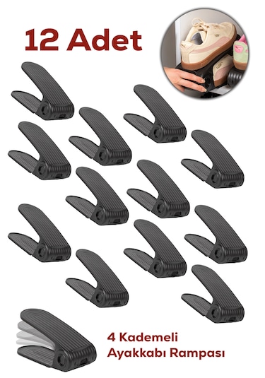 Porsima 5302 12li Ayakkabı Rampası Ayakkabı Düzenleyici Dolap İçi Organizer- Siyah Siyah