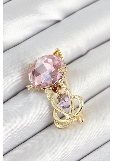 Pembe Zirkon Taşlı Kap Detaylı Kedi Figürlü Gold Renk Kadın Broş Çok Renkli