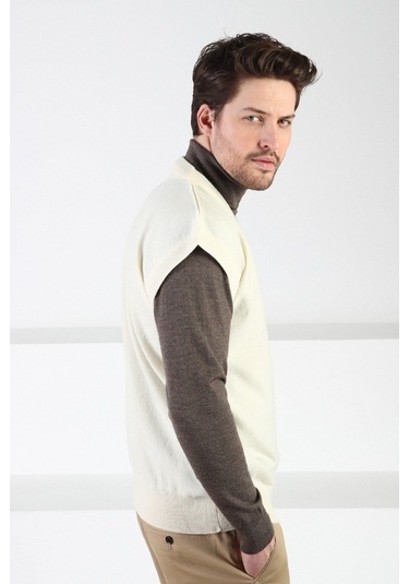 Ferraro Ekru V Yaka %100 Kuzu Yünü Erkek Süveter