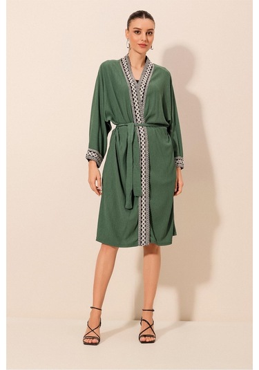 Bigdart 5865 Nakışlı Örme Uzun Kimono - Zümrüt Yeşili 001