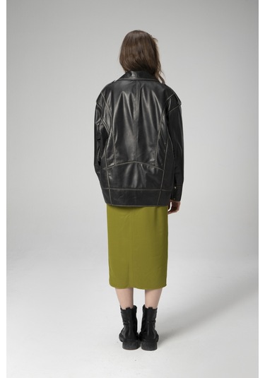 Dericlub Wm019 Oversize Biker Hakiki Deri Kadın Mont Siyah/bej Null Siyah